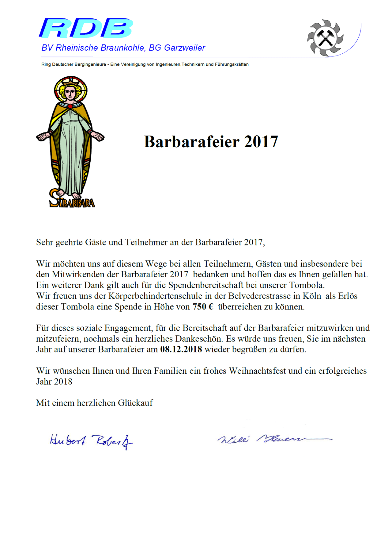 Dankschreiben zur Barbarafeier 2017 der BG Garzweiler mit Hinweis auf 750-Euro-Spende an die Körperbehindertenschule Köln