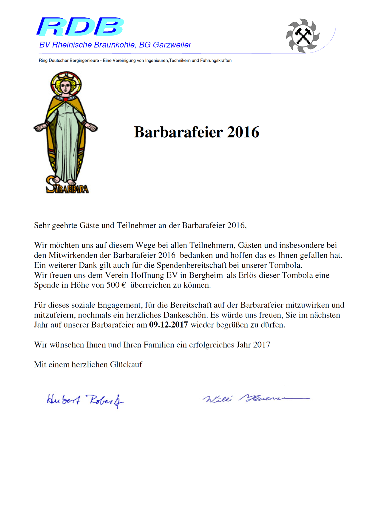 Dankesbrief zur Barbarafeier 2016 der Bezirksgruppe Garzweiler mit Ankündigung der nächsten Feier und Erwähnung einer Spende an Hoffnung e.V.